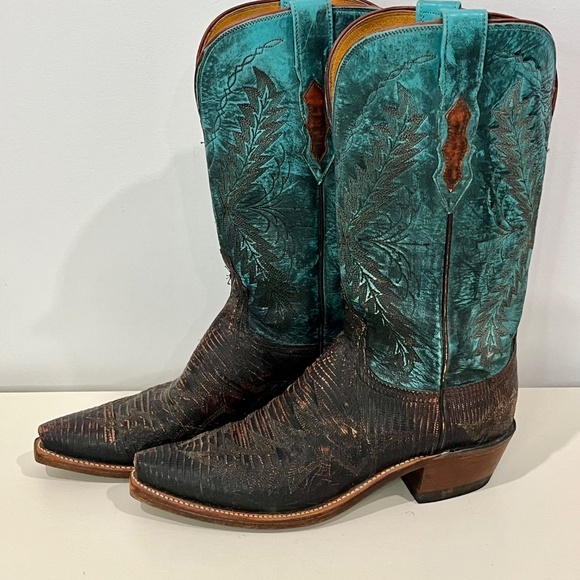 Lucchese 1883 Womens Western Boots - Teal and Brown Leather Size 8B - Picture 3 of 12